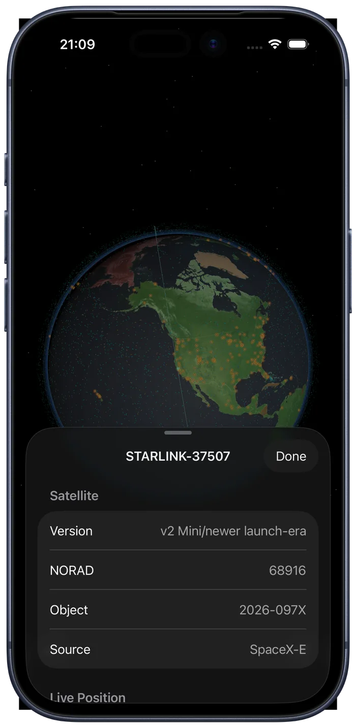 Satellite detail sheet for STARLINK-37507 with version, NORAD ID and live position