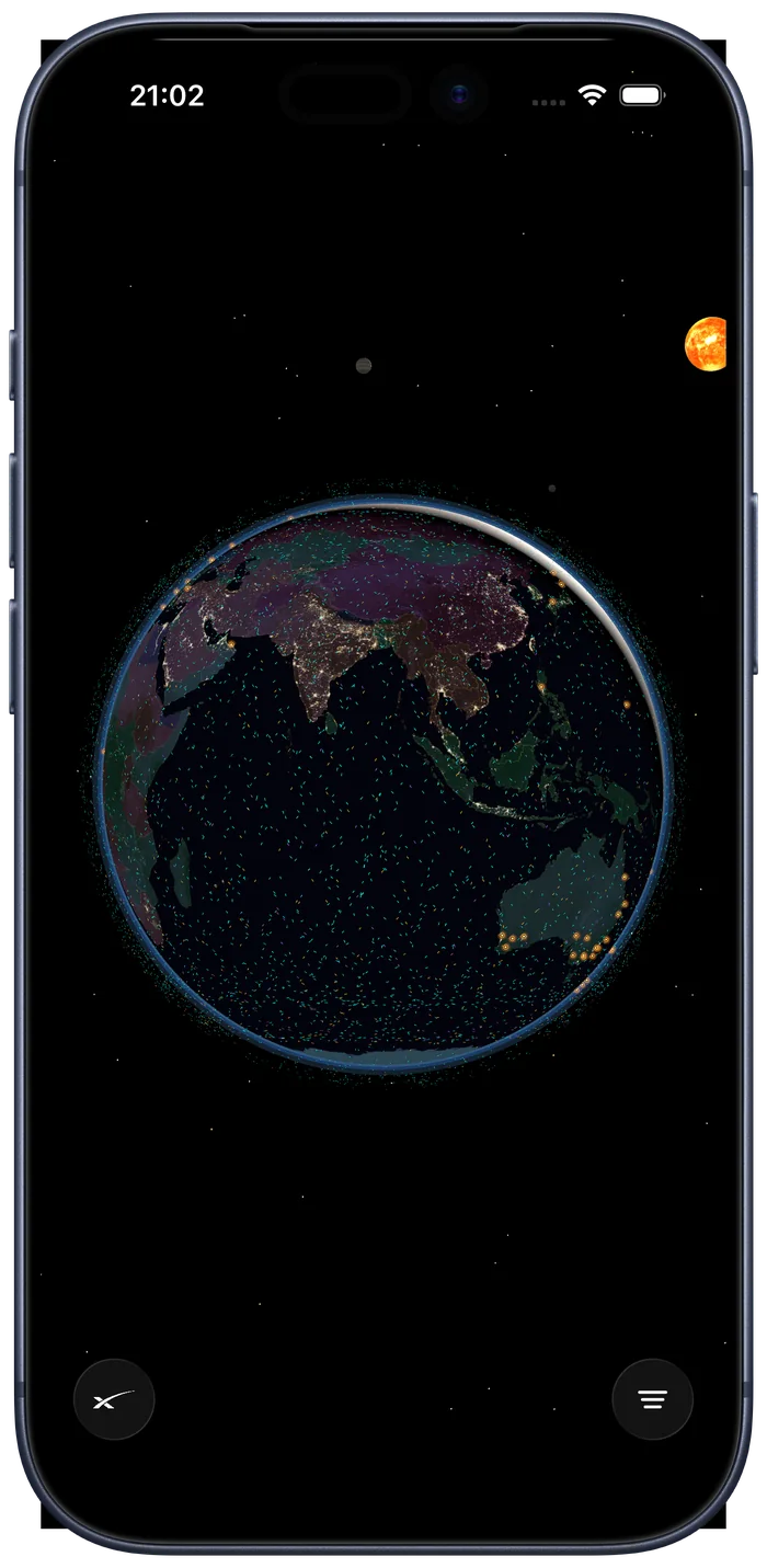 Space app showing the night side of Earth surrounded by thousands of Starlink satellites, with the sun and moon in the sky