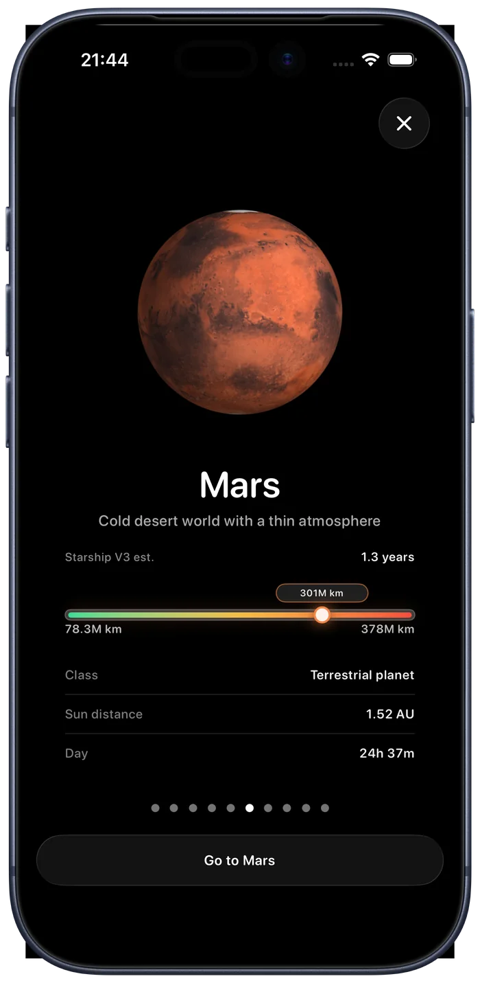 Mars card in the solar system overview with live distance gauge and Starship travel estimate