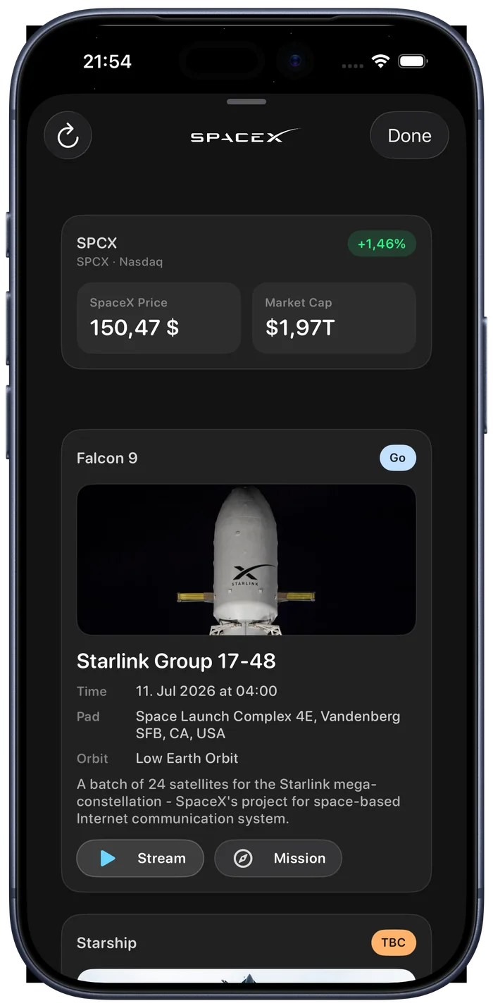 SpaceX panel in the Space app showing the SPCX stock ticker and the Starlink Group 17-48 Falcon 9 launch